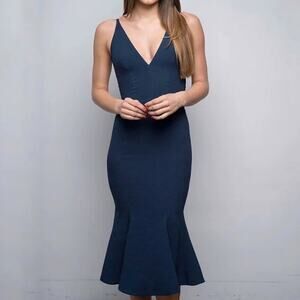 COPY - Dress the Population Navy Isabelle Deep V Neck Mermaid Midi Dress Small